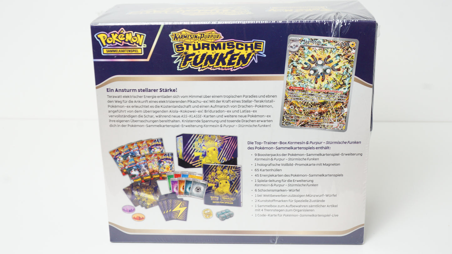 Pokémon-Sammelkartenspiel Top-Trainer-Box Karmesin & Purpur – Stürmische Funken Deutsch